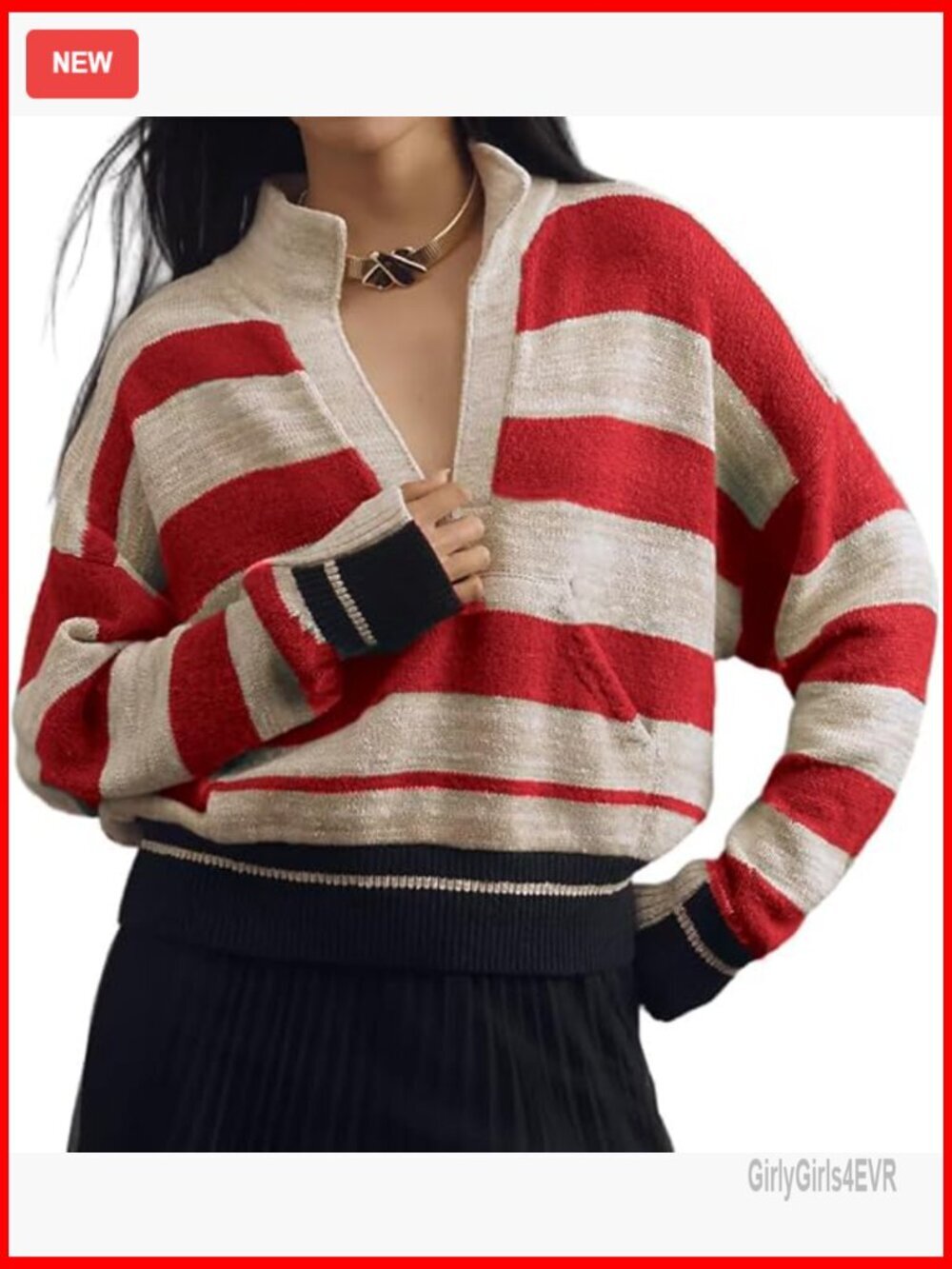 Oversized V-Neck Striped Knit Pullover Sweater Long Sleeve Ribbed Hem Cuff